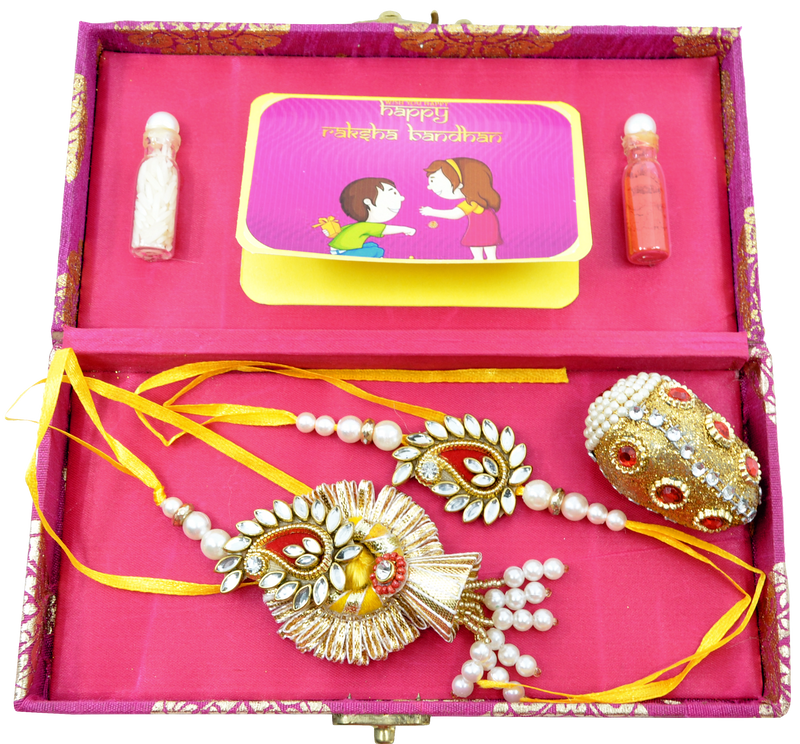 Paisley Shape Couple Rakhi Set with Roli Chawal - Premium Box